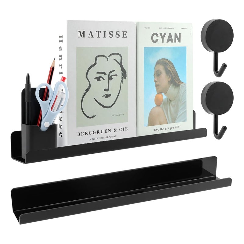 HONUTIGE 2 Pcs Magnetic Book Shelf for Whiteboard, Magnetic Book Holder File Rack with a Pen Container and Two Hook Acrylic Book Shelves Metal Floating Book Display Shelf for Teacher Kids Room Office - Image 1